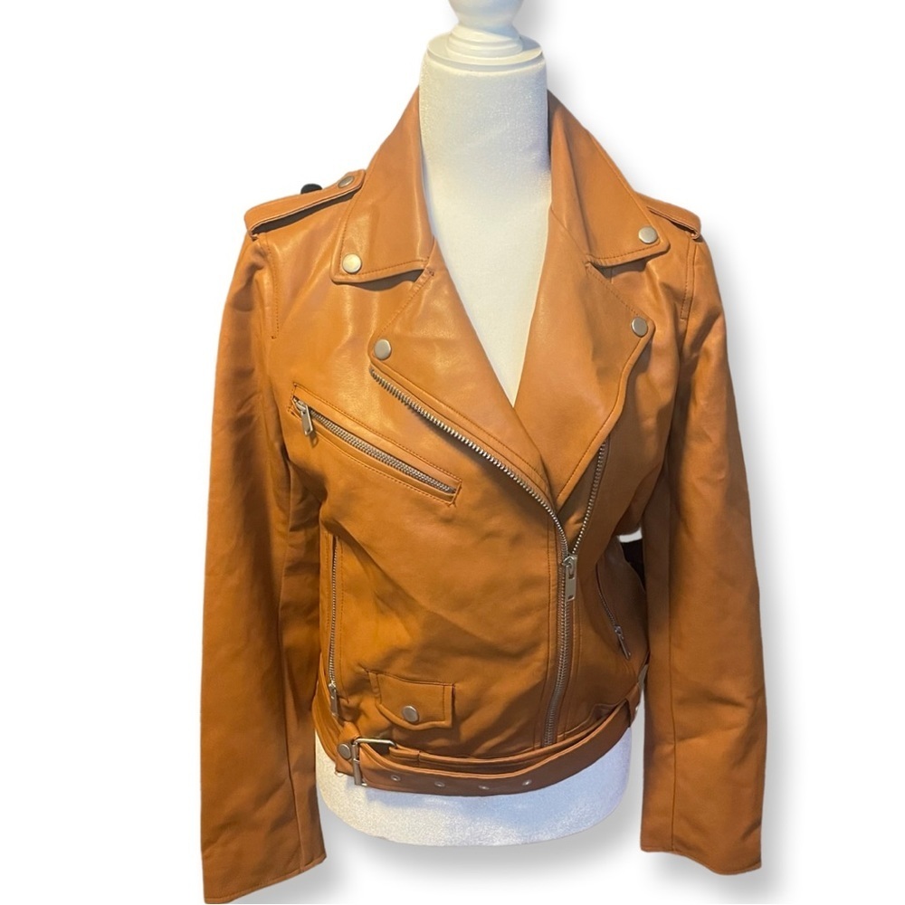 NWOT 7 For All Mankind Vegan Leather Moto Biker Jacket Camel Size Small